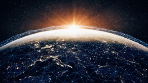 View of earth from atmosphere with connecting lines and nodes, concept of digital connected world