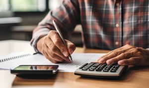 Close-up of person at desk working on their finances with a calculator